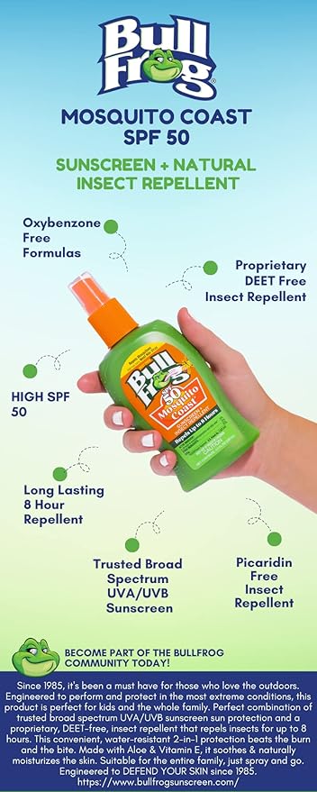 Bullfrog Mosquito Coast Bug Spray Insect Repellent + Sunscreen SPF 50, Pump Spray 4.7 Fl Oz